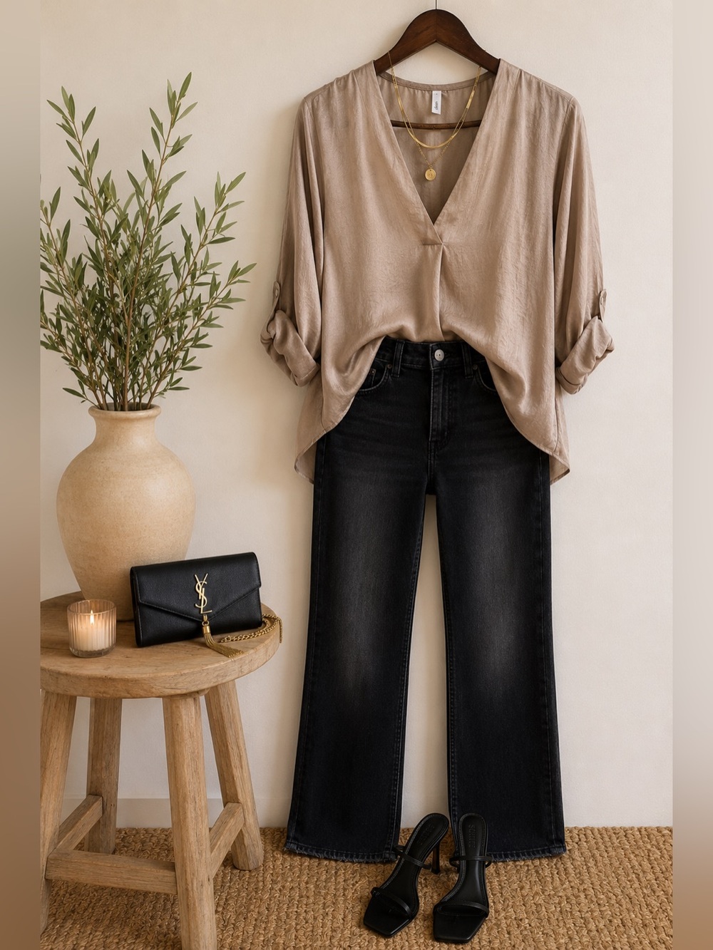 glam Taupe Satin V-Neck Dolman Sleeve Blouse Size Small | Hi-Low Hem